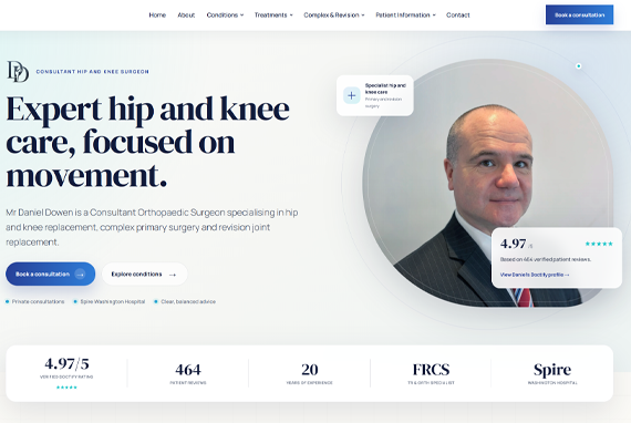Screenshot of the new Mr Daniel Dowen consultant hip and knee surgeon website designed by Phast Media